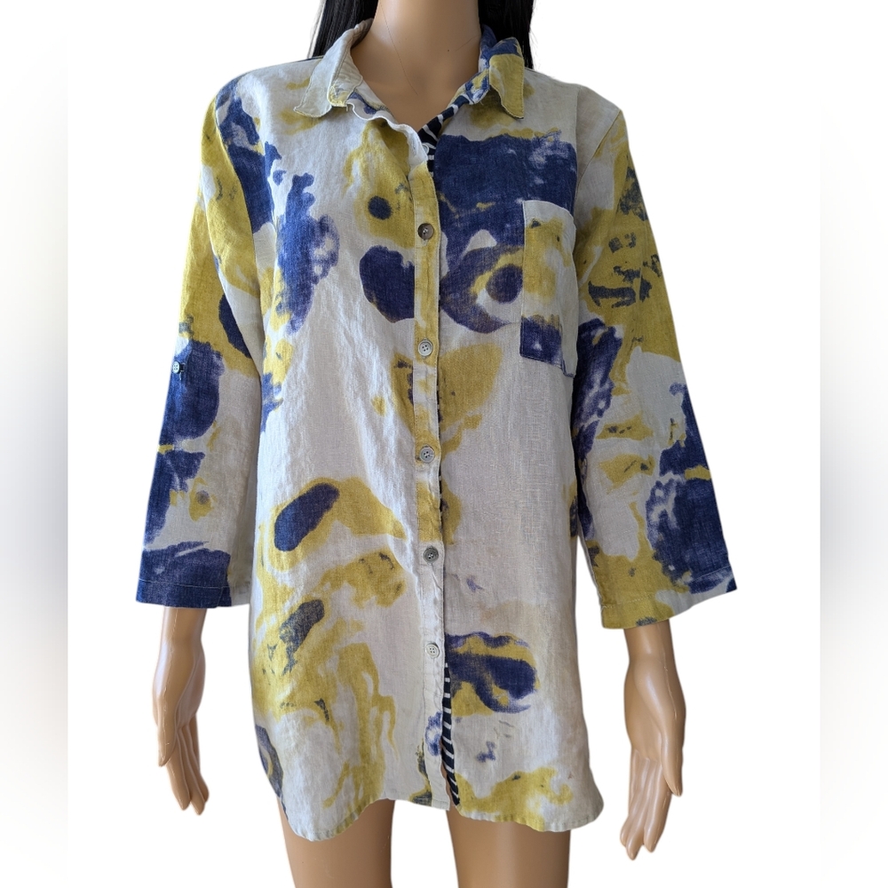 Earl Rutenberg Linen Button Down Shirt Blue & Green Tie Dye